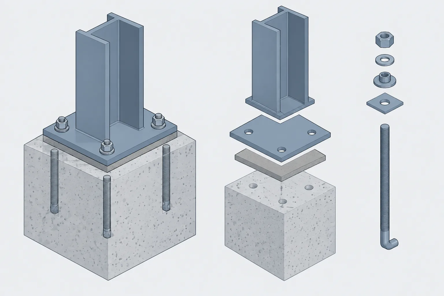 Steel Column Base Plate Leveling: Grout Gaps, Shims, Leveling Nuts, and Drawing Coordination structural steel illustration