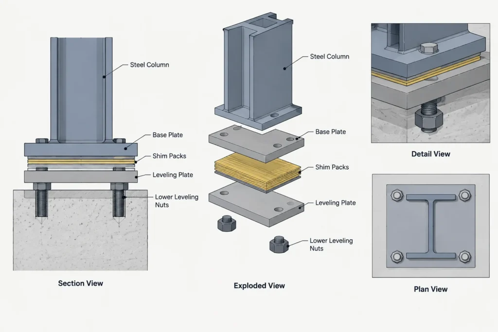 Steel Column Base Plate Leveling: Grout Gaps, Shims, Leveling Nuts, and Drawing Coordination structural steel illustration
