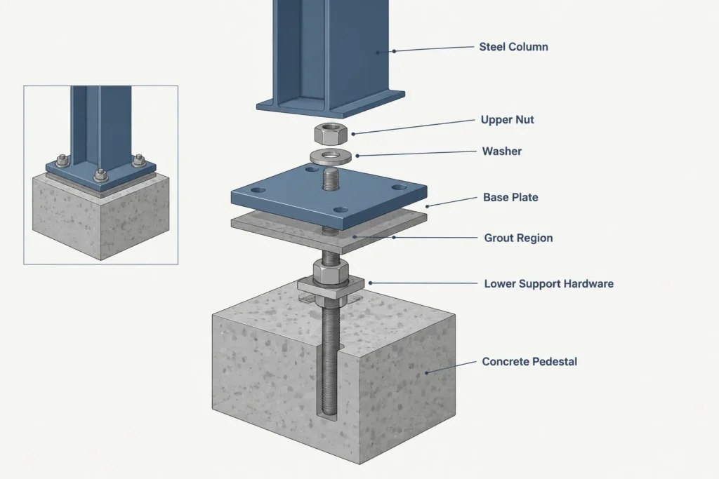 Steel Column Base Plate Leveling: Grout Gaps, Shims, Leveling Nuts, and Drawing Coordination structural steel illustration