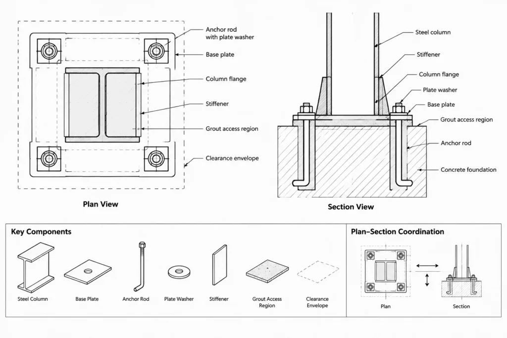 Steel Column Base Plate Leveling: Grout Gaps, Shims, Leveling Nuts, and Drawing Coordination structural steel illustration