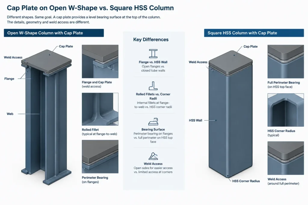 Steel Column Cap Plates: Load Path, Bearing, Datums, and Detailing Coordination structural steel illustration