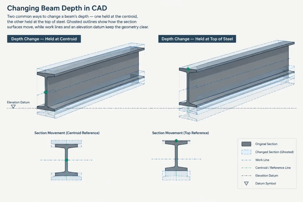 Steel Member Insertion Points in CAD and BIM: Cardinal Points, Offsets, and Shape Changes structural steel illustration