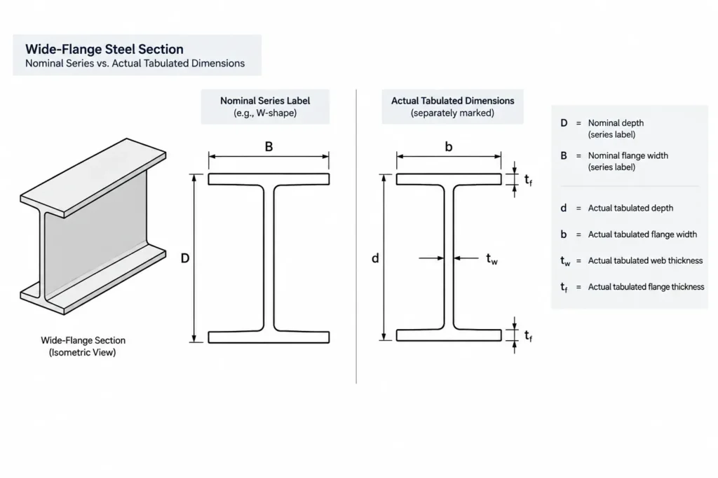 Steel Shape Designations vs. Tabulated Dimensions: What the Shape Name Does Not Tell You structural steel illustration