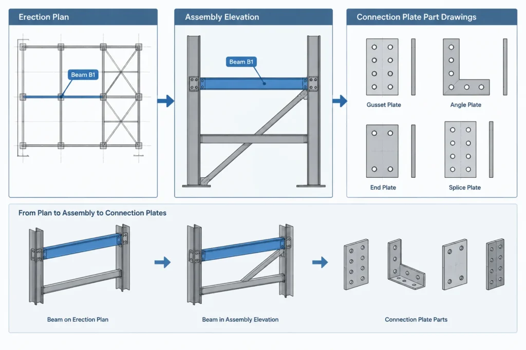 Steel Shop Drawings Explained: Assembly, Part, and Erection Drawings structural steel illustration