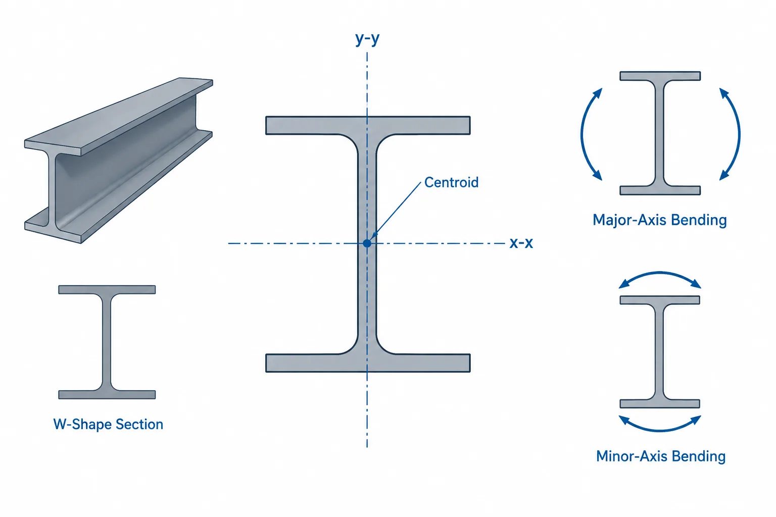 Strong-Axis vs. Weak-Axis Bending in Structural Steel Shapes: Reading Ix, Iy, Sx, and Sy structural steel illustration