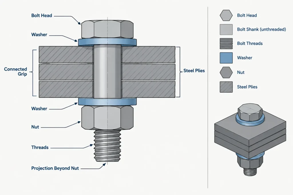 Structural Bolt Projection Beyond the Nut: Stick-Out, Washer Stacks, and Clash Coordination structural steel illustration