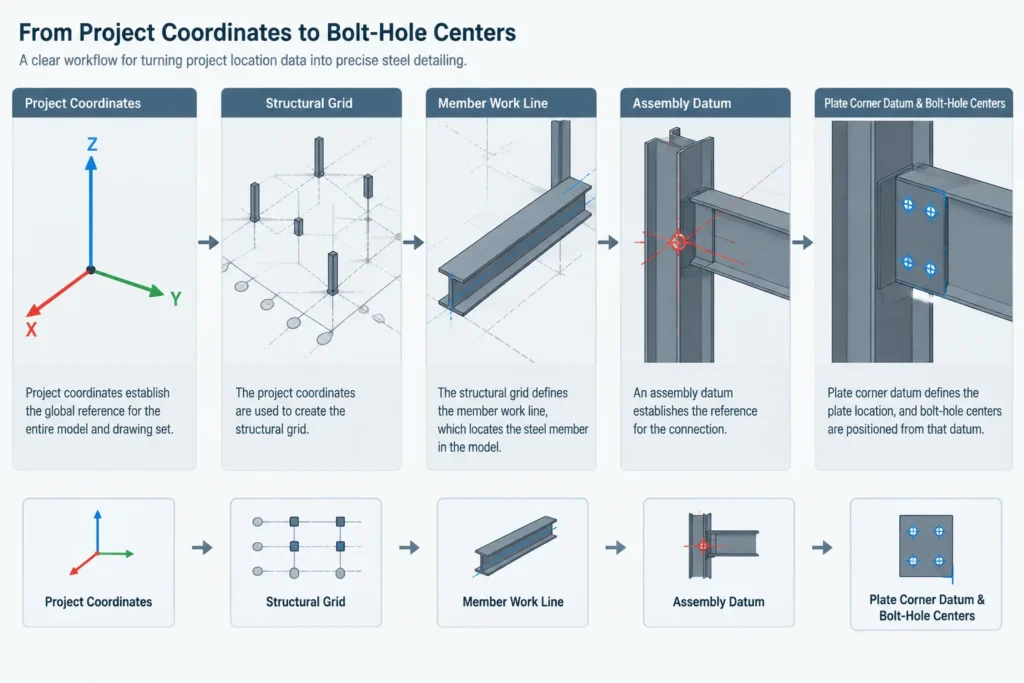 Structural Steel Coordinate Systems: Grid Lines, Global Coordinates, and Local Member Datums structural steel illustration