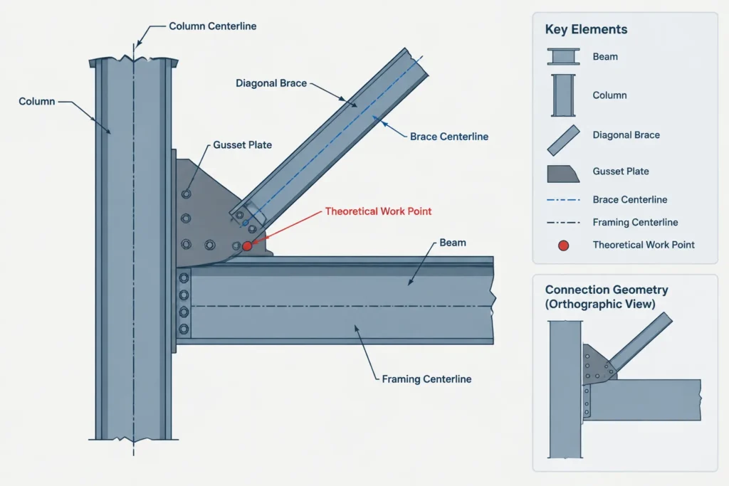Structural Steel Gusset Plate Detailing: Work Points, Connection Zones, and Clearances structural steel illustration