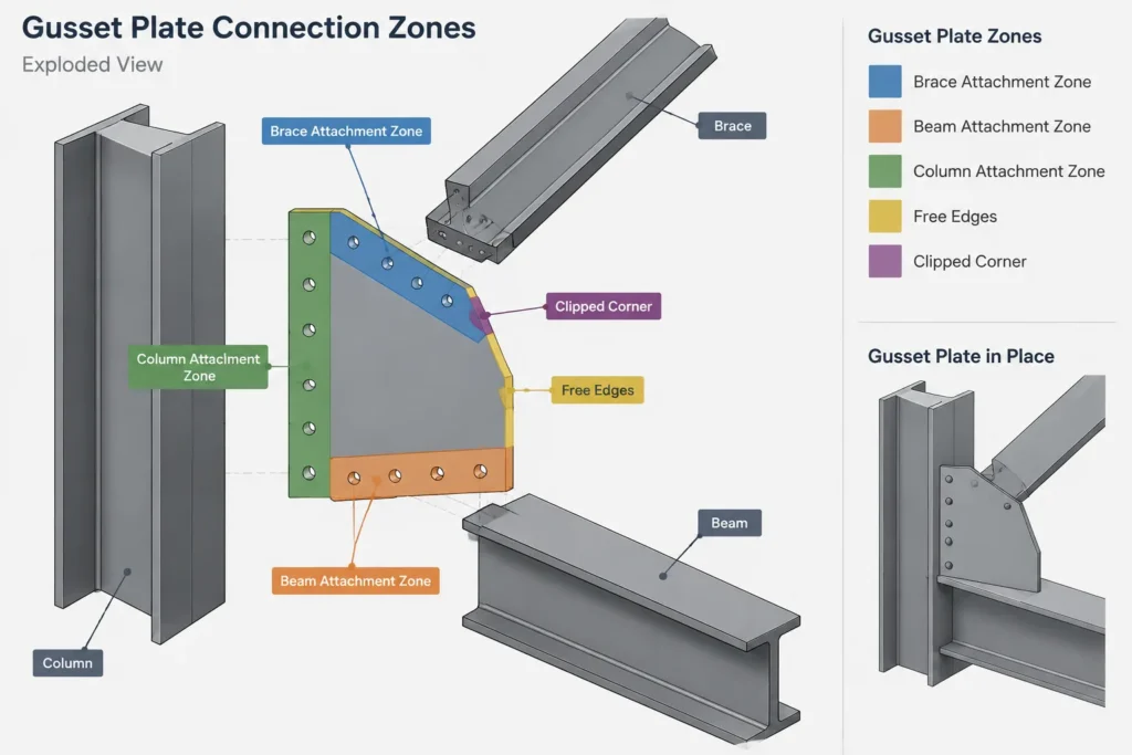 Structural Steel Gusset Plate Detailing: Work Points, Connection Zones, and Clearances structural steel illustration