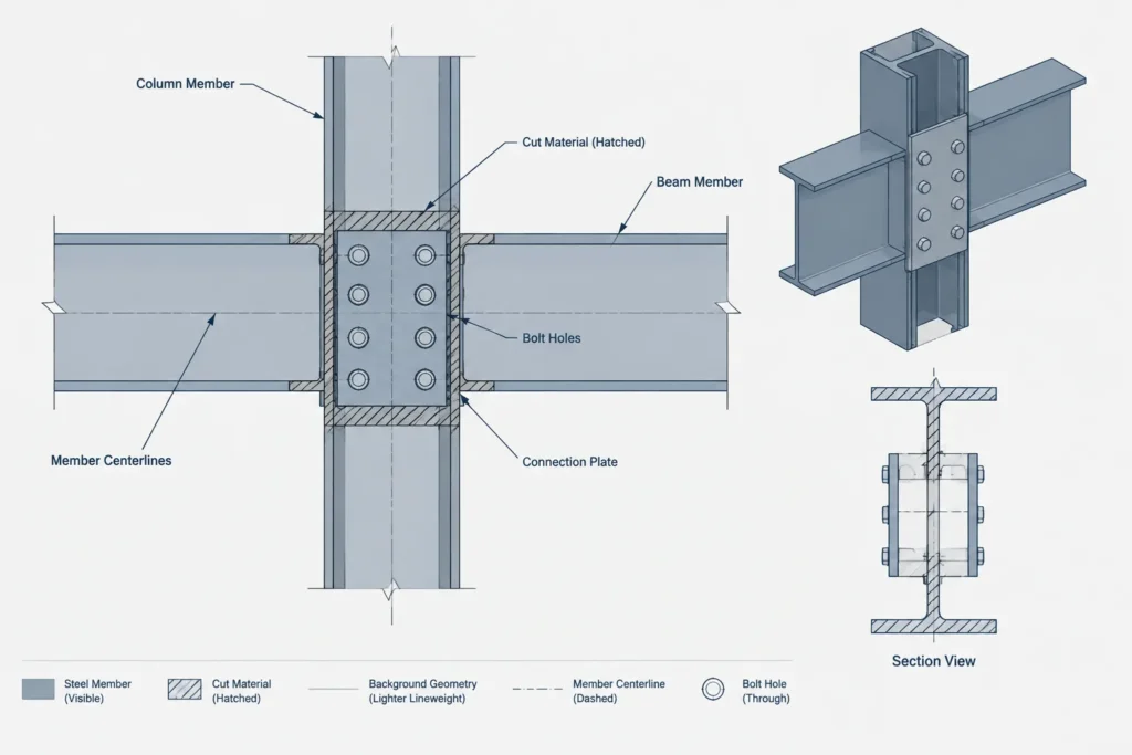 Structural Steel Section Views: Cutting Planes, Viewing Direction, and Detailing Clarity structural steel illustration