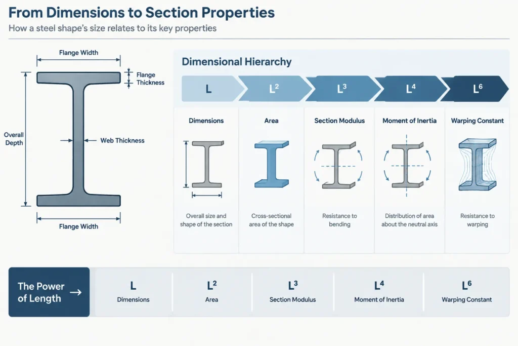 Units of Structural Steel Section Properties: A, I, S, Z, r, J, and Cw structural steel illustration