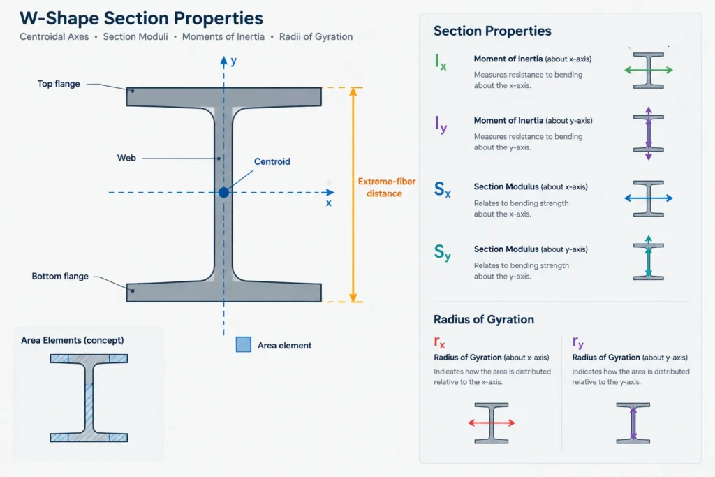 Units of Structural Steel Section Properties: A, I, S, Z, r, J, and Cw structural steel illustration