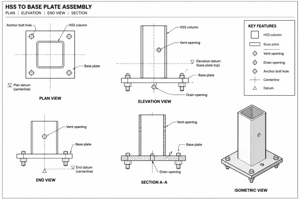 Vent and Drain Holes in Galvanized HSS: Orientation, Internal Paths, and Drawing Coordination structural steel illustration