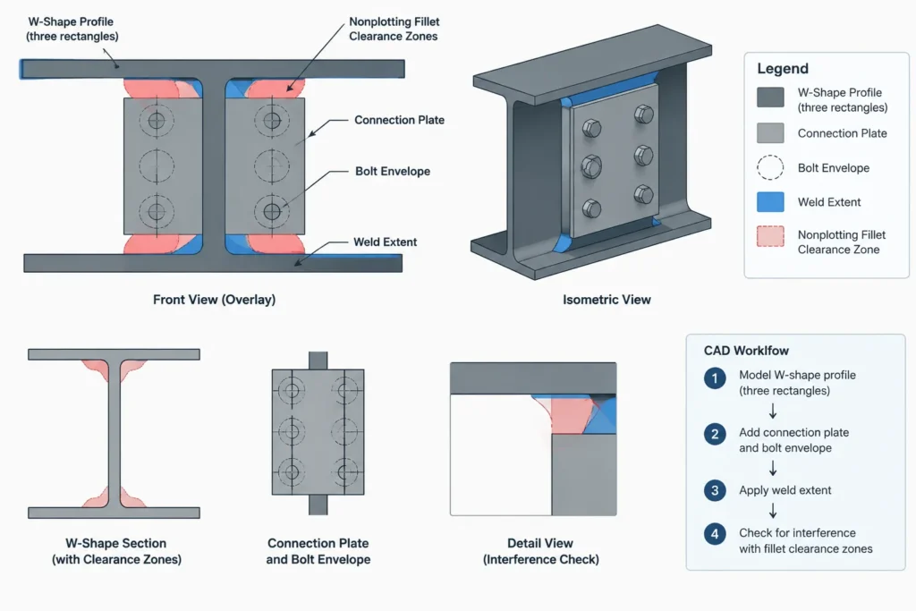 W-Shape k Dimensions: kdes, kdet, Fillet Zones, and Connection Clearance structural steel illustration